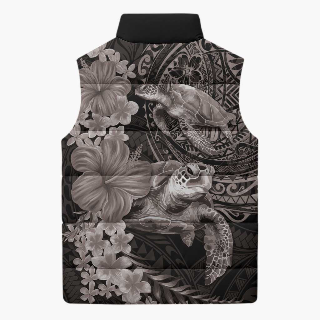 Hawaiian Plumeria and Hibiscus with Turtles Sleeveless Puffer Jacket Polynesian Art Grayscale - Polynesian Pride