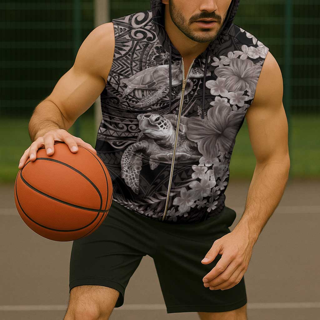 Hawaiian Plumeria and Hibiscus with Turtles Sleeveless Zip Hoodie Polynesian Art Grayscale - Polynesian Pride