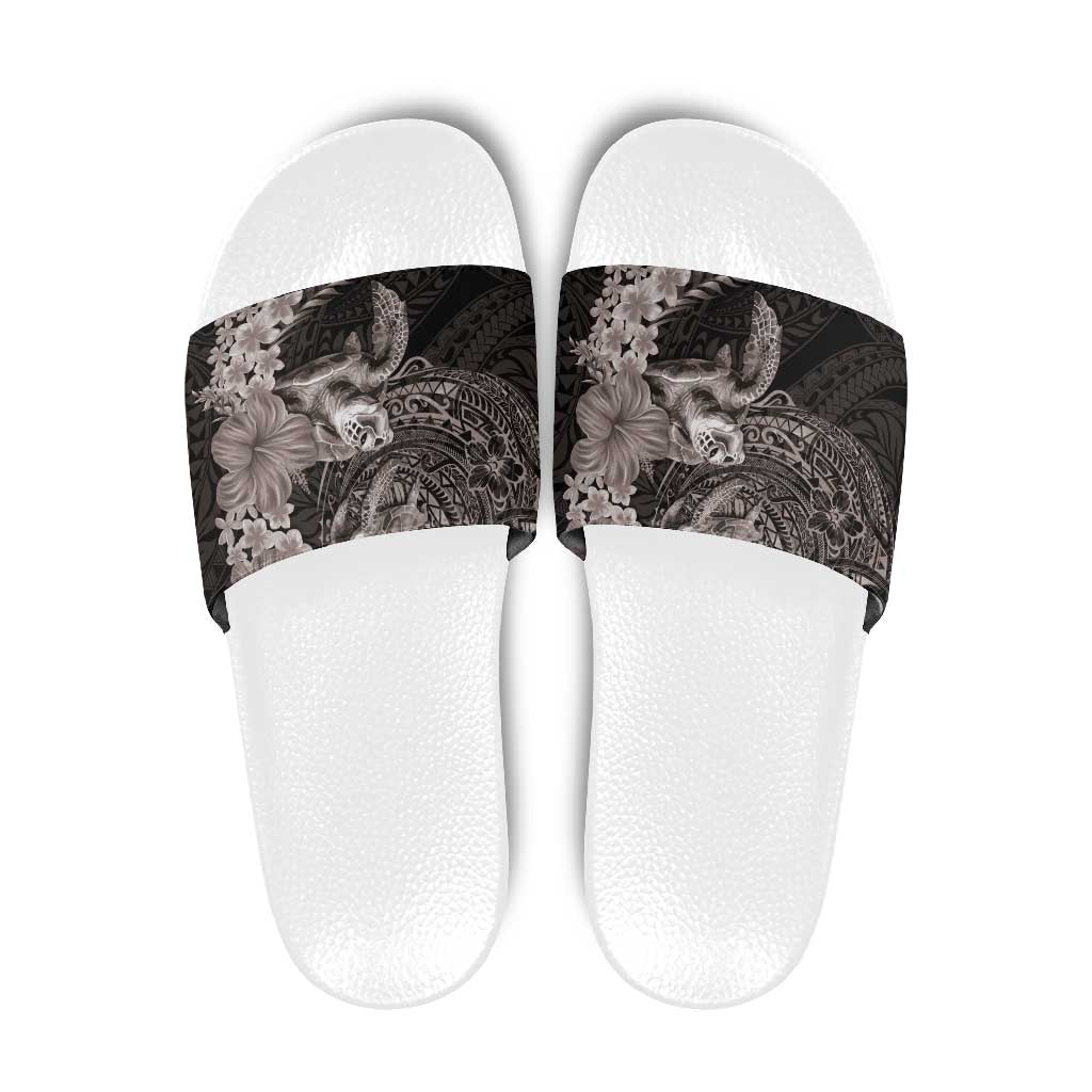 Hawaiian Plumeria and Hibiscus with Turtles Slide Sandals Polynesian Art Grayscale - Polynesian Pride