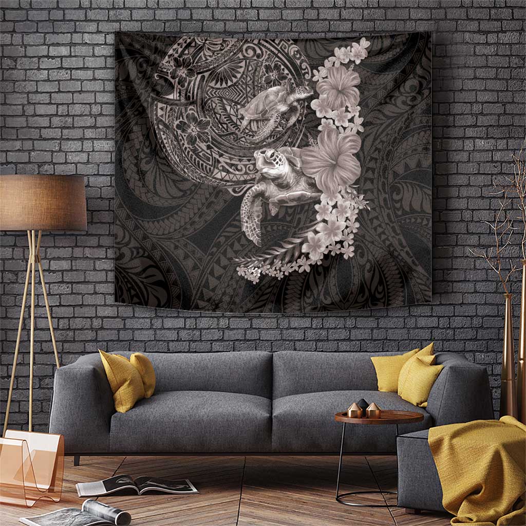 Hawaiian Plumeria and Hibiscus with Turtles Tapestry Polynesian Art Grayscale - Polynesian Pride
