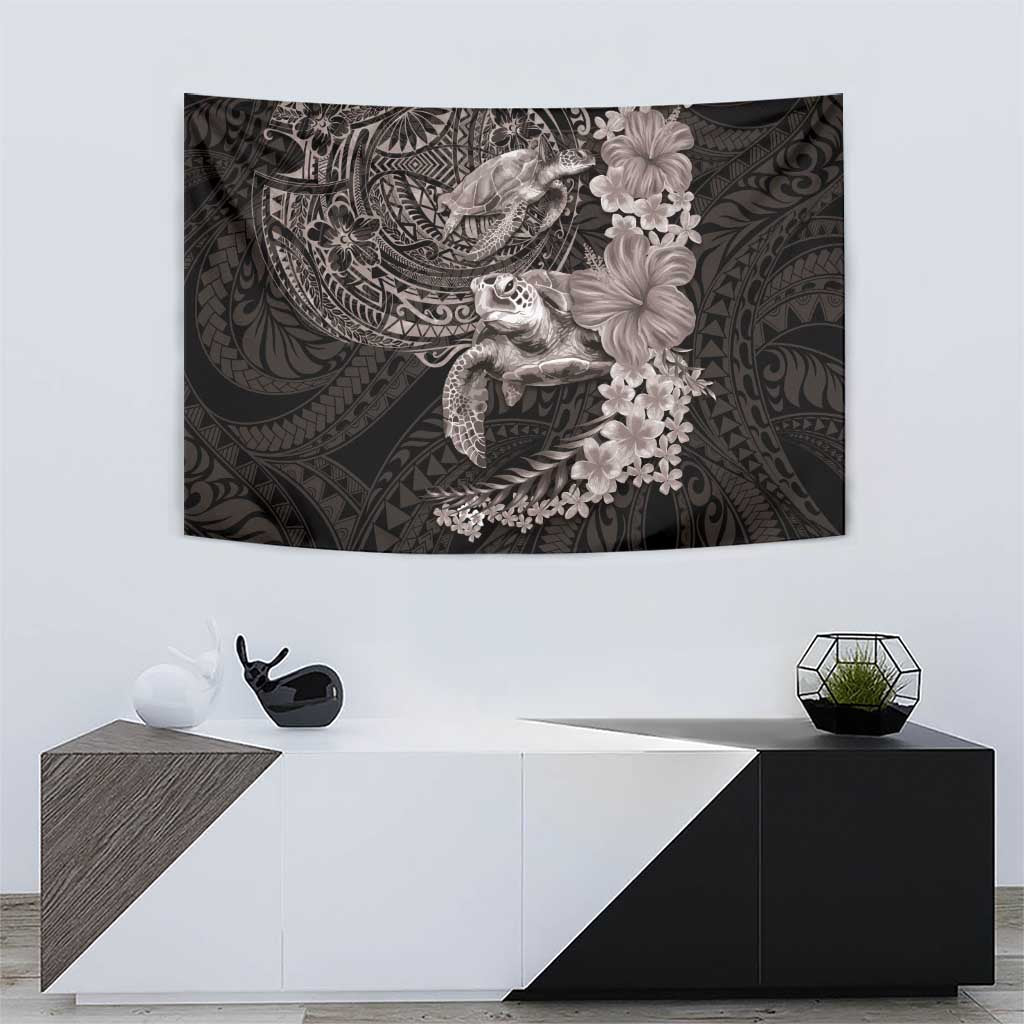 Hawaiian Plumeria and Hibiscus with Turtles Tapestry Polynesian Art Grayscale - Polynesian Pride