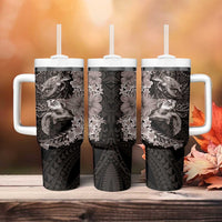 Hawaiian Plumeria and Hibiscus with Turtles Tumbler With Handle Polynesian Art Grayscale - Polynesian Pride