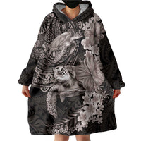Hawaiian Plumeria and Hibiscus with Turtles Wearable Blanket Hoodie Polynesian Art Grayscale - Polynesian Pride