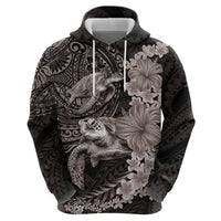 Hawaiian Plumeria and Hibiscus with Turtles Zip Hoodie Polynesian Art Grayscale - Polynesian Pride