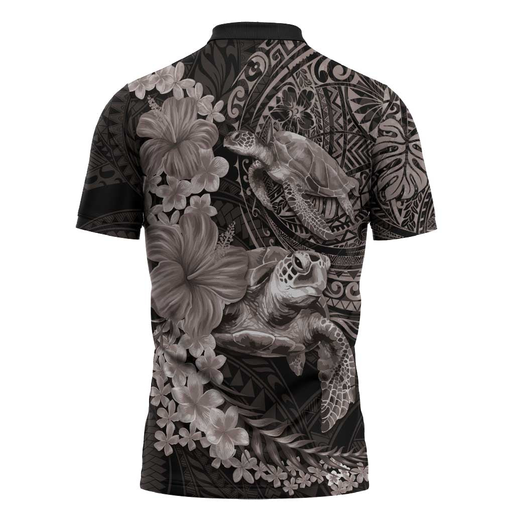 Hawaiian Plumeria and Hibiscus with Turtles Zipper Polo Shirt Polynesian Art Grayscale - Polynesian Pride