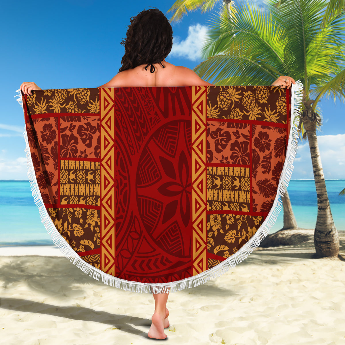 Hawaii Style Hibiscus and Tribal Element Fabric Patchwork Beach Blanket LT03 - Polynesian Pride