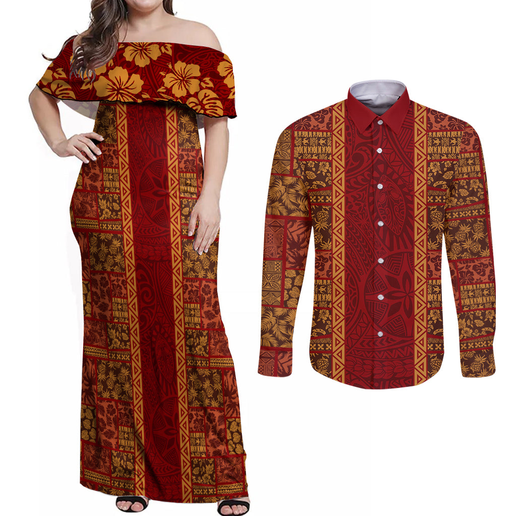Hawaii Style Hibiscus and Tribal Element Fabric Patchwork Couples Matching Off Shoulder Maxi Dress and Long Sleeve Button Shirt LT03 Red - Polynesian Pride