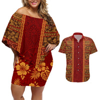 Hawaii Style Hibiscus and Tribal Element Fabric Patchwork Couples Matching Off Shoulder Short Dress and Hawaiian Shirt LT03 Red - Polynesian Pride