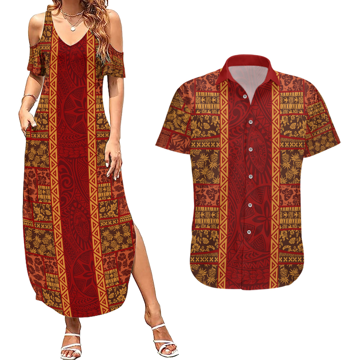 Hawaii Style Hibiscus and Tribal Element Fabric Patchwork Couples Matching Summer Maxi Dress and Hawaiian Shirt LT03 Red - Polynesian Pride