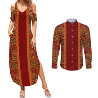Hawaii Style Hibiscus and Tribal Element Fabric Patchwork Couples Matching Summer Maxi Dress and Long Sleeve Button Shirt LT03 Red - Polynesian Pride