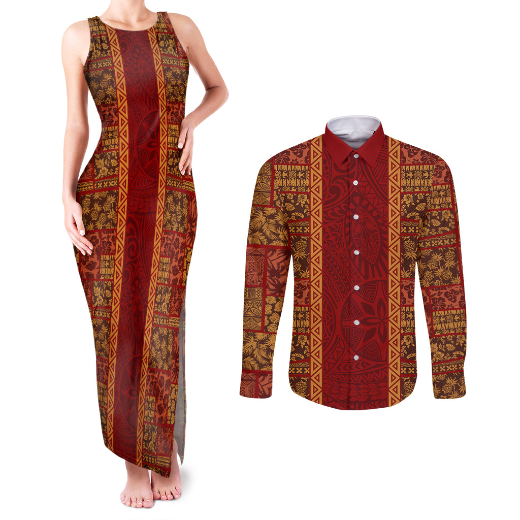 Hawaii Style Hibiscus and Tribal Element Fabric Patchwork Couples Matching Tank Maxi Dress and Long Sleeve Button Shirt LT03 Red - Polynesian Pride