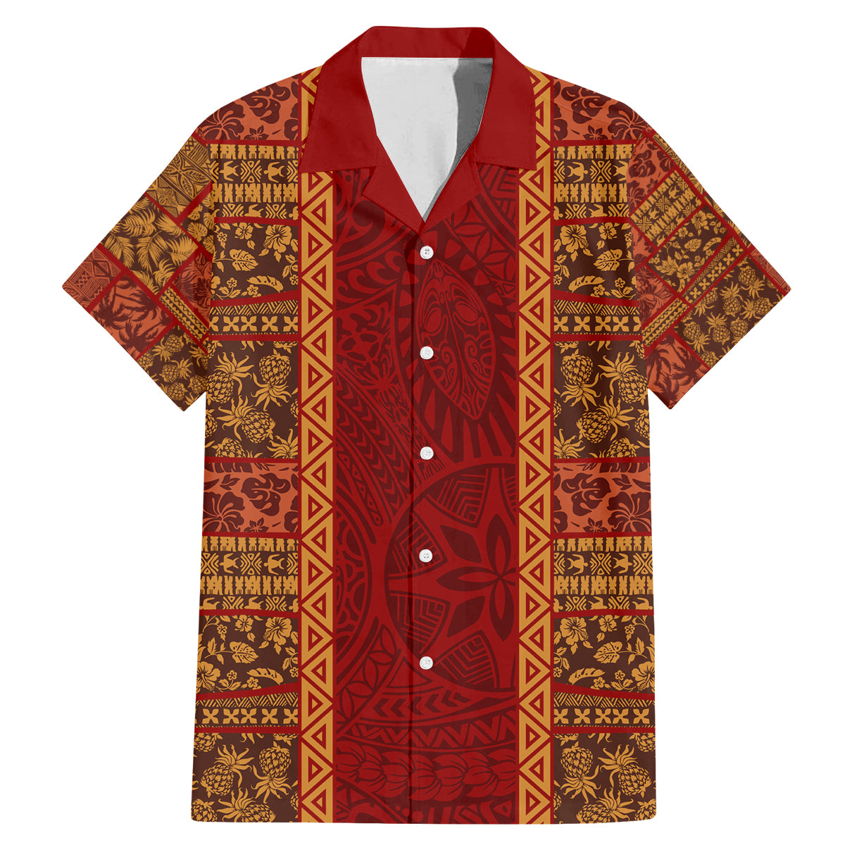 Hawaii Style Hibiscus and Tribal Element Fabric Patchwork Family Matching Mermaid Dress and Hawaiian Shirt LT03 Dad's Shirt - Short Sleeve Red - Polynesian Pride