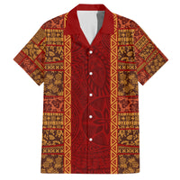 Hawaii Style Hibiscus and Tribal Element Fabric Patchwork Family Matching Puletasi Dress and Hawaiian Shirt LT03 Dad's Shirt - Short Sleeve Red - Polynesian Pride