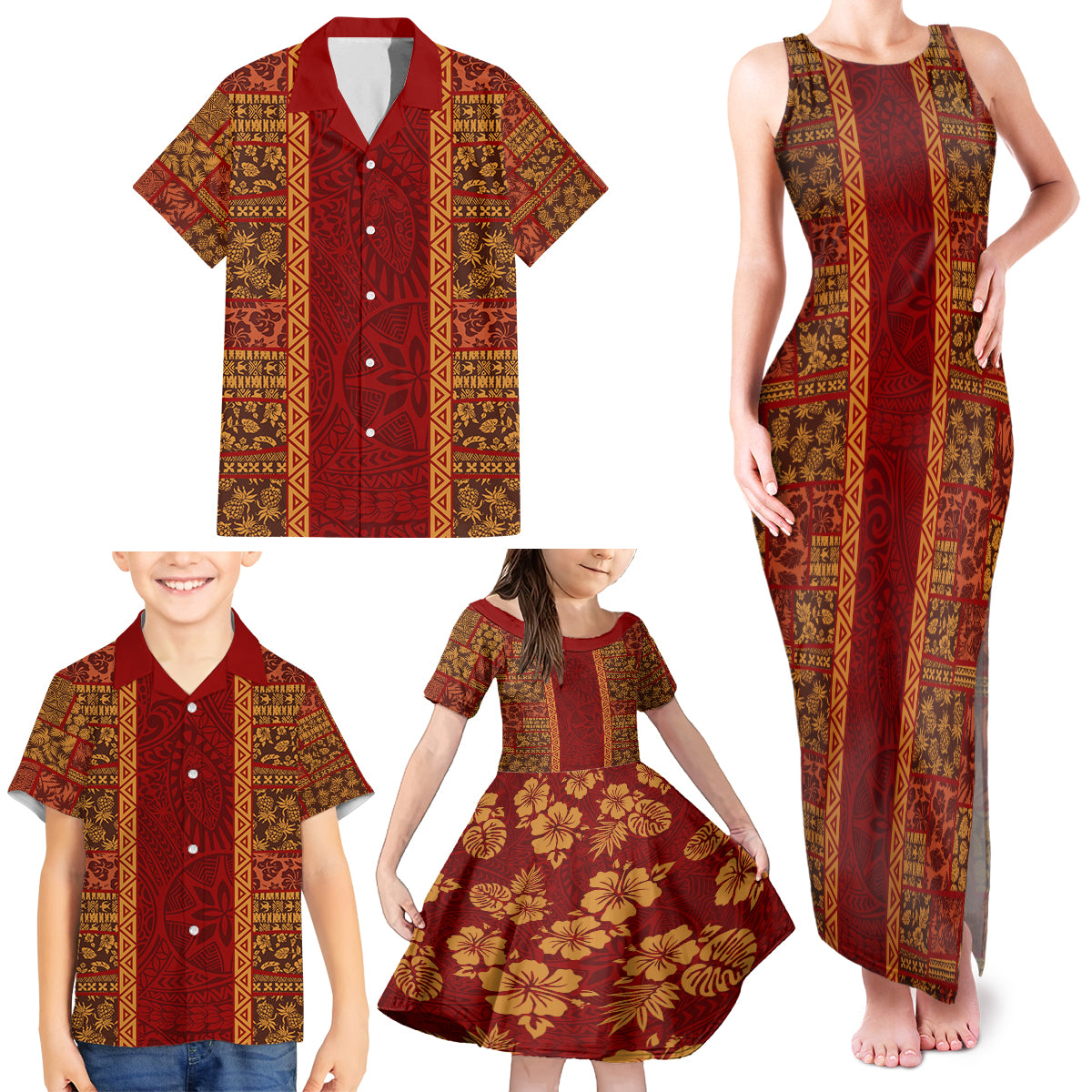 Hawaii Style Hibiscus and Tribal Element Fabric Patchwork Family Matching Tank Maxi Dress and Hawaiian Shirt LT03 - Polynesian Pride