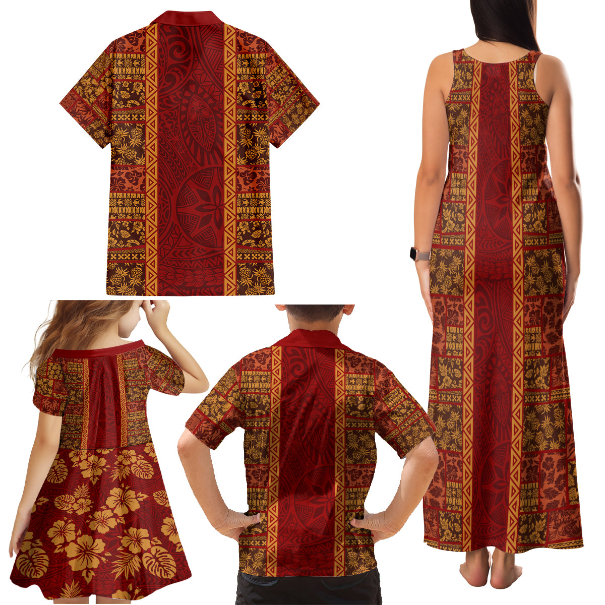 Hawaii Style Hibiscus and Tribal Element Fabric Patchwork Family Matching Tank Maxi Dress and Hawaiian Shirt LT03 - Polynesian Pride