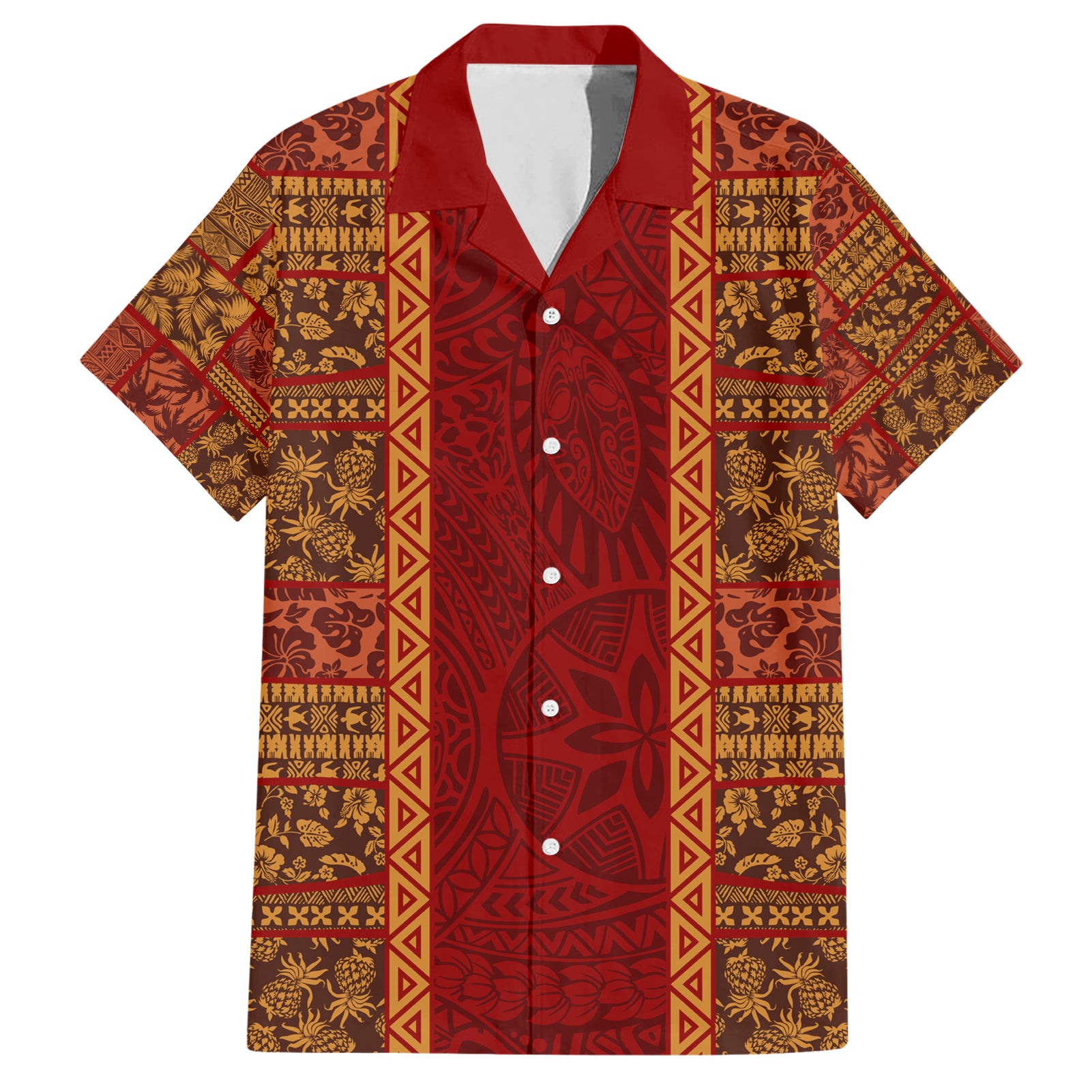 Hawaii Style Hibiscus and Tribal Element Fabric Patchwork Hawaiian Shirt LT03 Red - Polynesian Pride