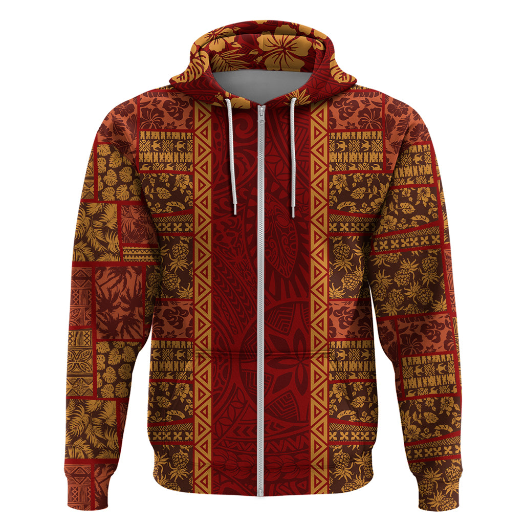 Hawaii Style Hibiscus and Tribal Element Fabric Patchwork Hoodie LT03 Zip Hoodie Red - Polynesian Pride