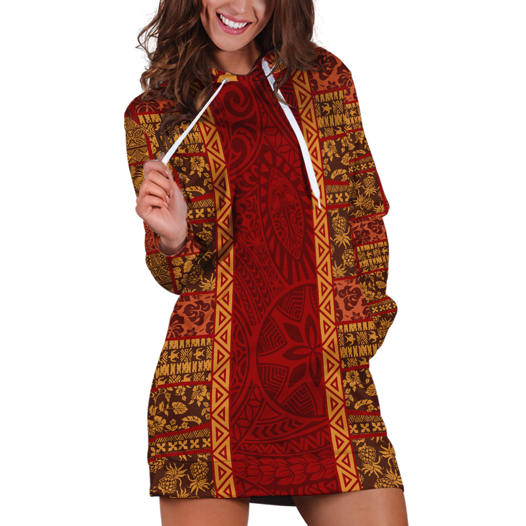 Hawaii Style Hibiscus and Tribal Element Fabric Patchwork Hoodie Dress LT03 Red - Polynesian Pride