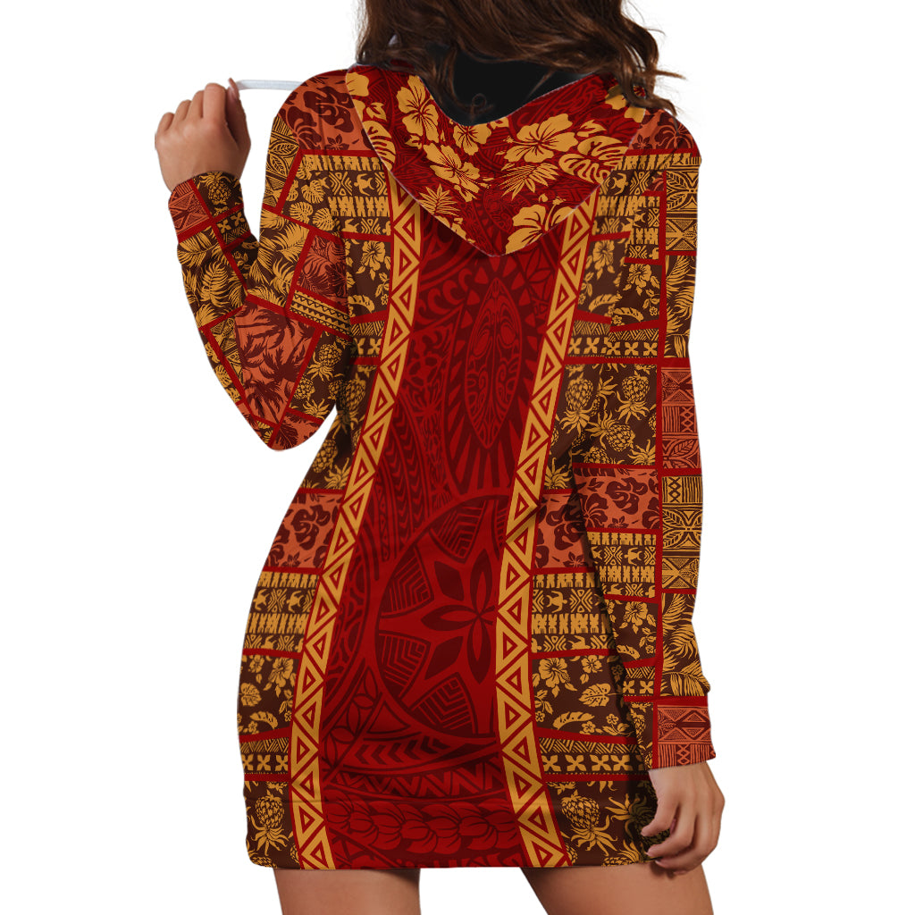 Hawaii Style Hibiscus and Tribal Element Fabric Patchwork Hoodie Dress LT03 - Polynesian Pride