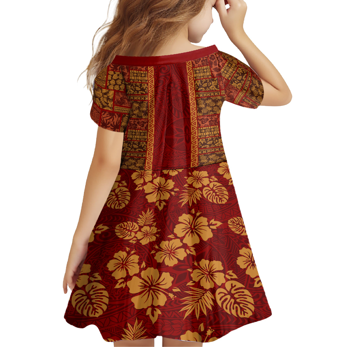 Hawaii Style Hibiscus and Tribal Element Fabric Patchwork Kid Short Sleeve Dress LT03 - Polynesian Pride