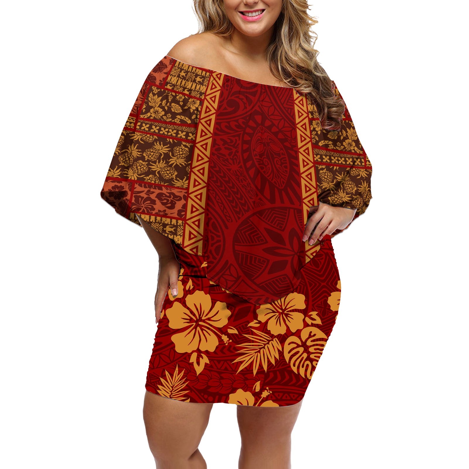 Hawaii Style Hibiscus and Tribal Element Fabric Patchwork Off Shoulder Short Dress LT03 Women Red - Polynesian Pride