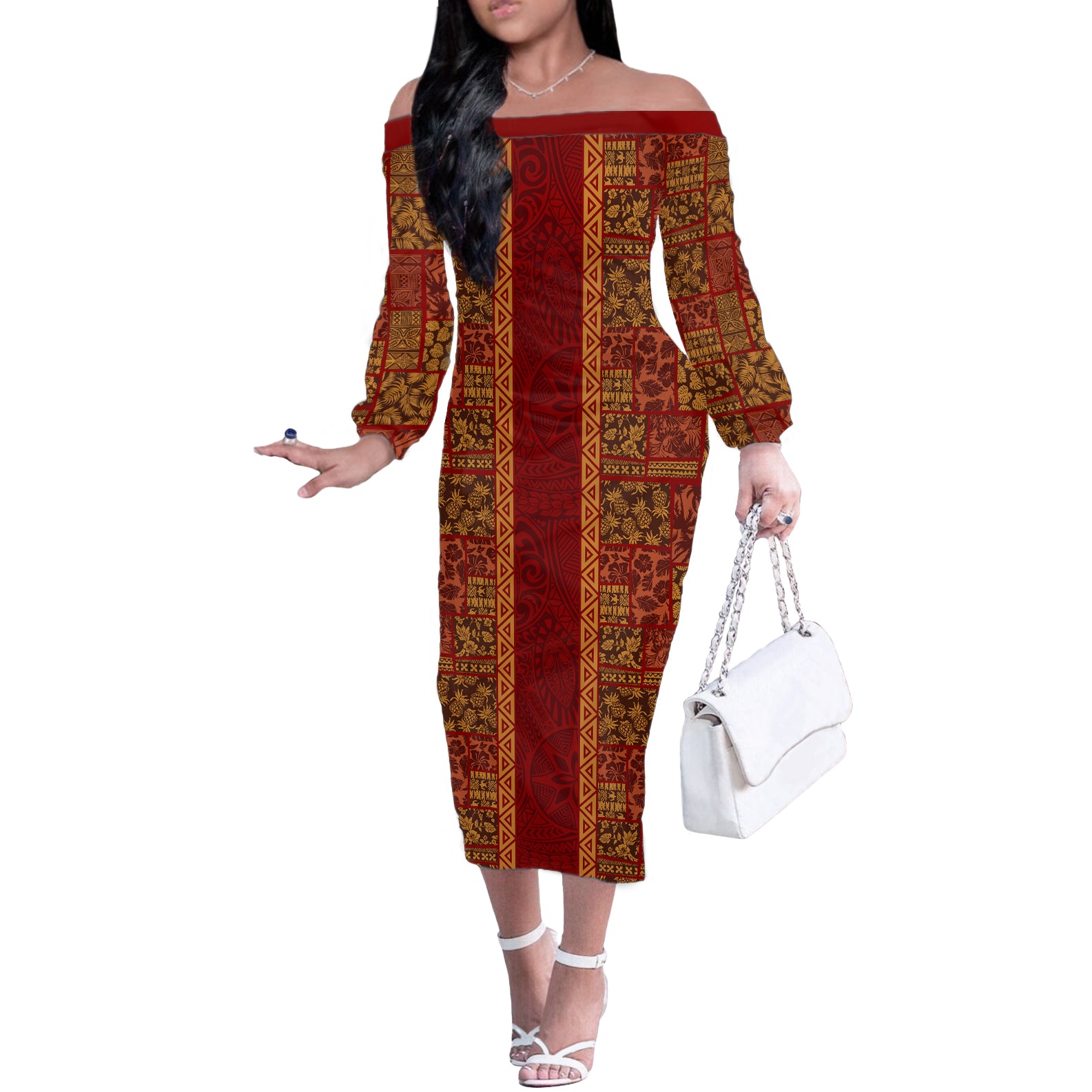 Hawaii Style Hibiscus and Tribal Element Fabric Patchwork Off The Shoulder Long Sleeve Dress LT03 Women Red - Polynesian Pride