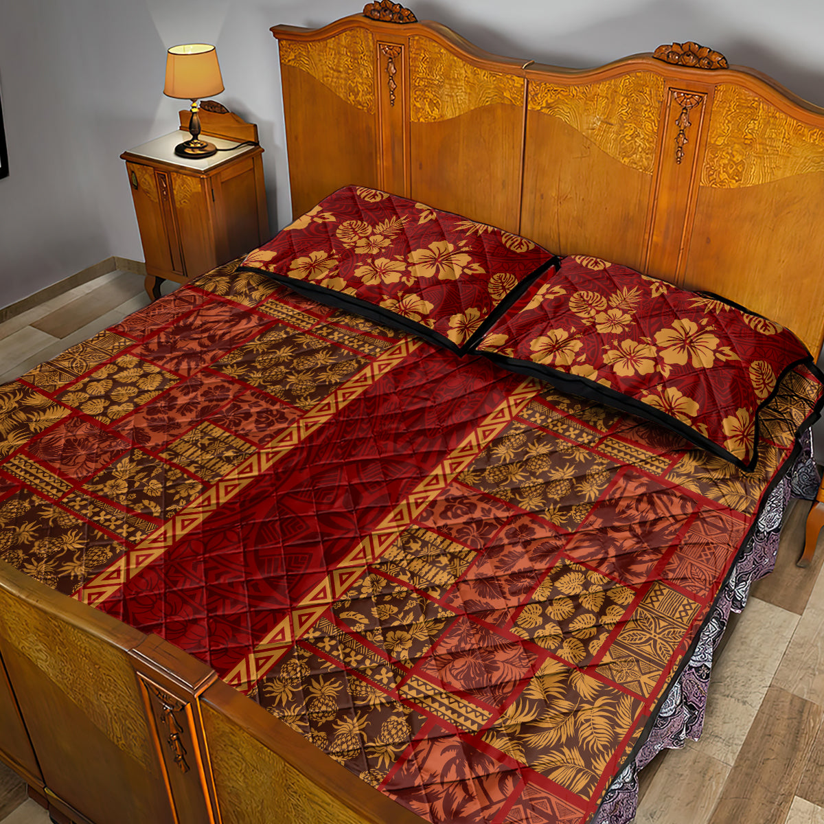 Hawaii Style Hibiscus and Tribal Element Fabric Patchwork Quilt Bed Set LT03 - Polynesian Pride