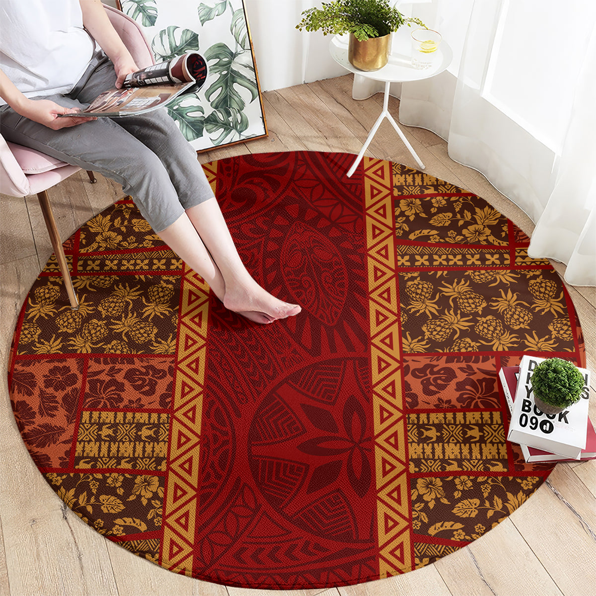 Hawaii Style Hibiscus and Tribal Element Fabric Patchwork Round Carpet LT03 - Polynesian Pride