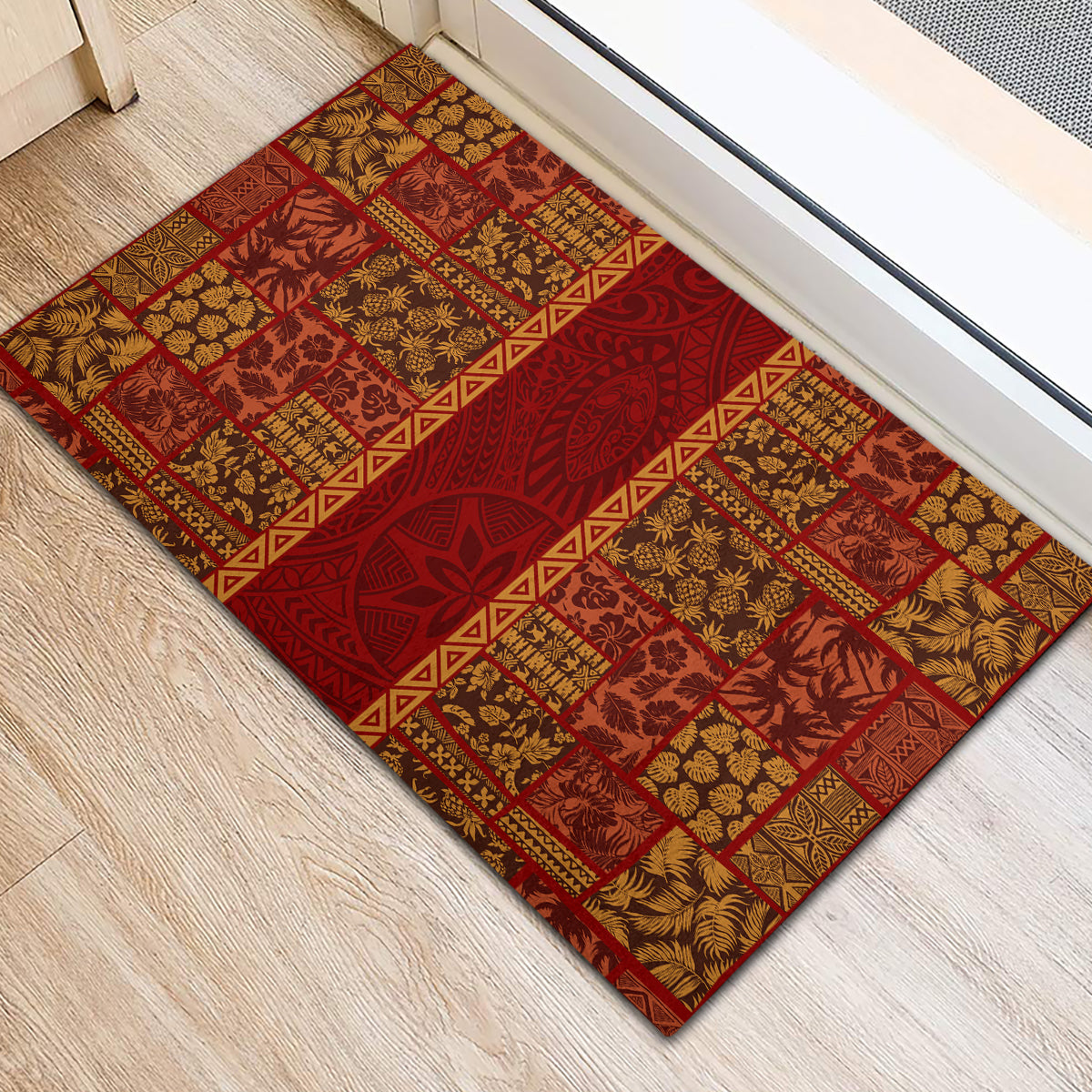 Hawaii Style Hibiscus and Tribal Element Fabric Patchwork Rubber Doormat LT03 - Polynesian Pride