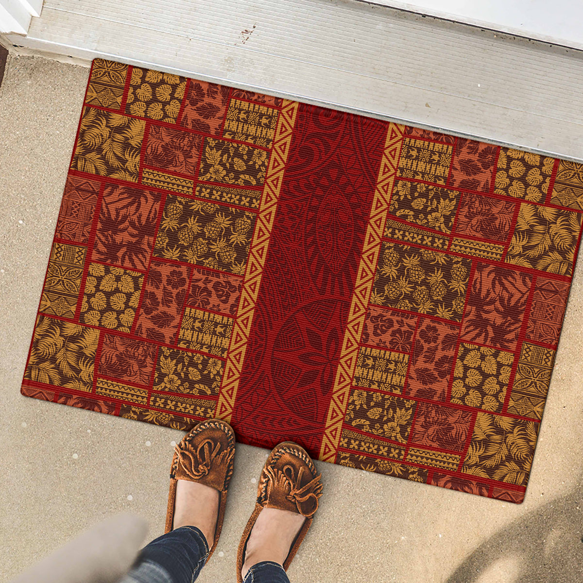Hawaii Style Hibiscus and Tribal Element Fabric Patchwork Rubber Doormat LT03 - Polynesian Pride