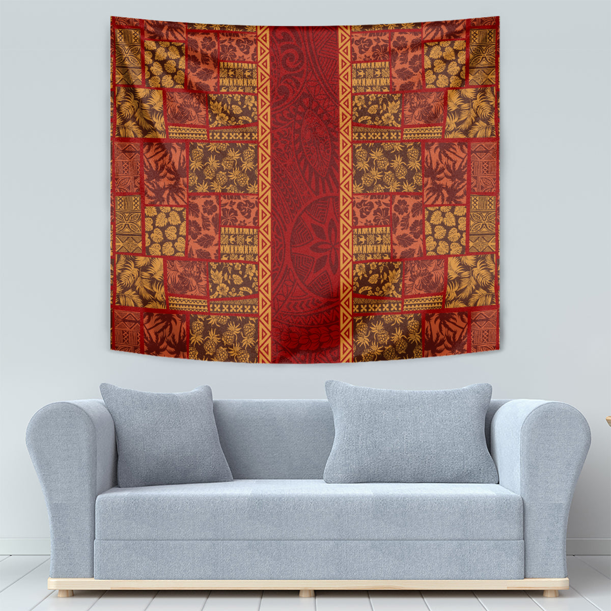 Hawaii Style Hibiscus and Tribal Element Fabric Patchwork Tapestry LT03 - Polynesian Pride