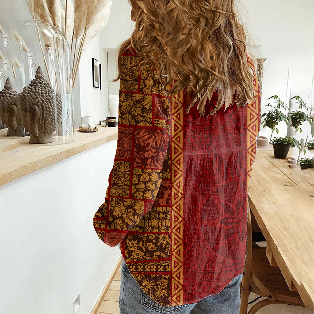 Hawaii Style Hibiscus and Tribal Element Fabric Patchwork Women Casual Shirt LT03 - Polynesian Pride