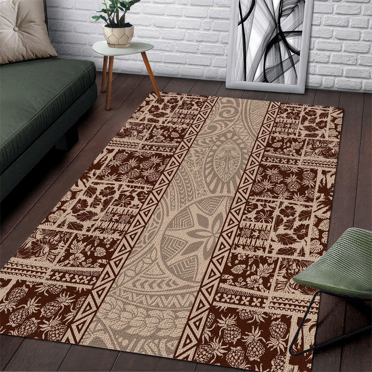 Hawaii Style Hibiscus and Tribal Element Fabric Patchwork Area Rug Beige Version LT03 Beige - Polynesian Pride