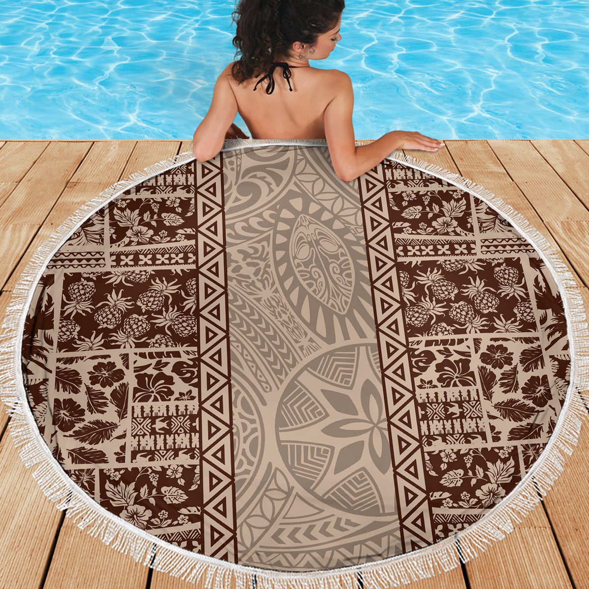 Hawaii Style Hibiscus and Tribal Element Fabric Patchwork Beach Blanket Beige Version LT03 - Polynesian Pride