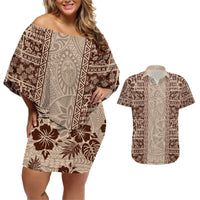Hawaii Style Hibiscus and Tribal Element Fabric Patchwork Couples Matching Off Shoulder Short Dress and Hawaiian Shirt Beige Version LT03 Beige - Polynesian Pride
