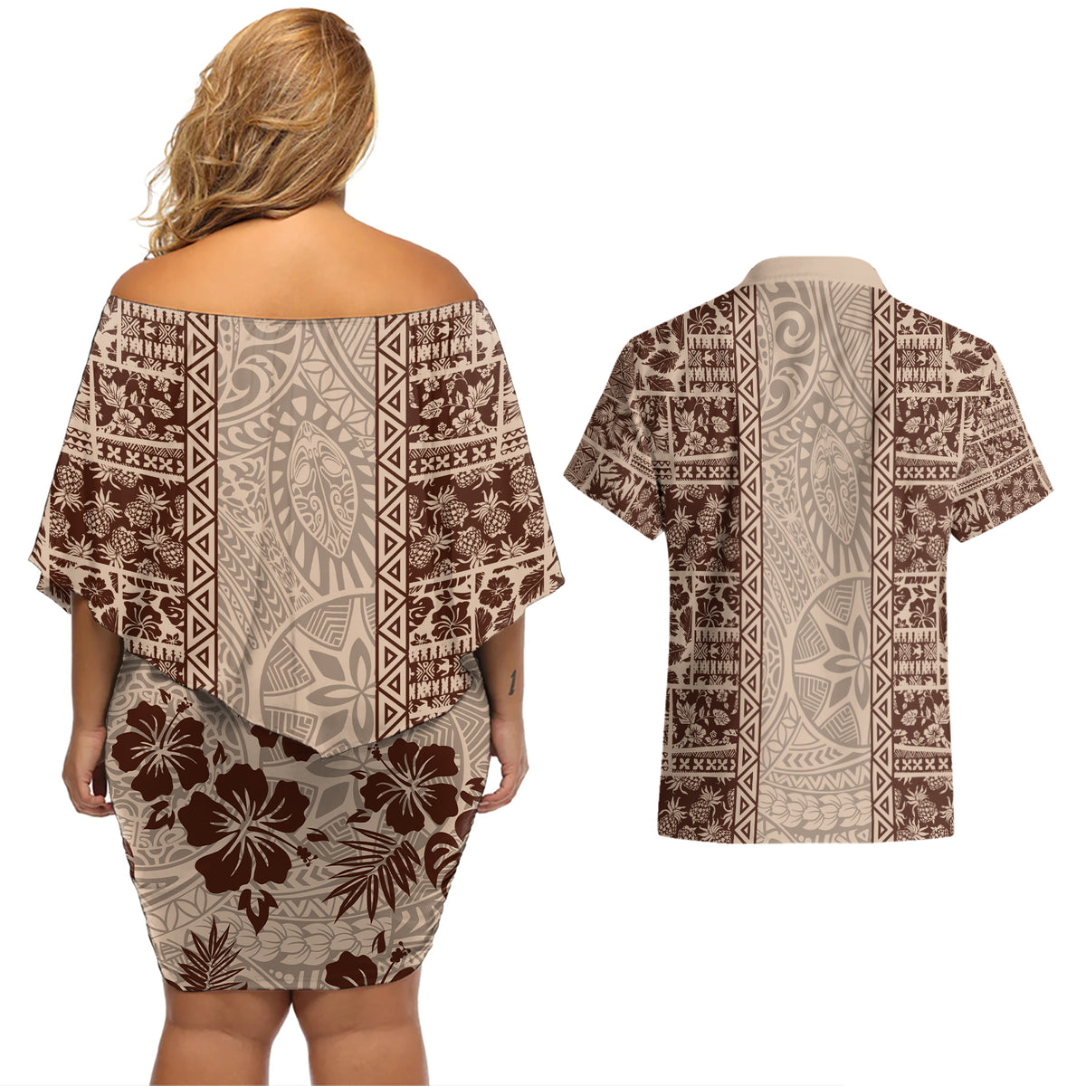 Hawaii Style Hibiscus and Tribal Element Fabric Patchwork Couples Matching Off Shoulder Short Dress and Hawaiian Shirt Beige Version LT03 - Polynesian Pride