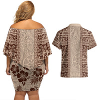 Hawaii Style Hibiscus and Tribal Element Fabric Patchwork Couples Matching Off Shoulder Short Dress and Hawaiian Shirt Beige Version LT03 - Polynesian Pride