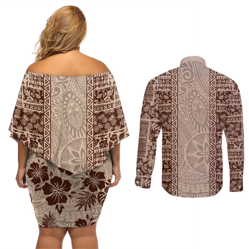 Hawaii Style Hibiscus and Tribal Element Fabric Patchwork Couples Matching Off Shoulder Short Dress and Long Sleeve Button Shirt Beige Version LT03 - Polynesian Pride