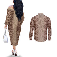Hawaii Style Hibiscus and Tribal Element Fabric Patchwork Couples Matching Off The Shoulder Long Sleeve Dress and Long Sleeve Button Shirt Beige Version LT03 - Polynesian Pride