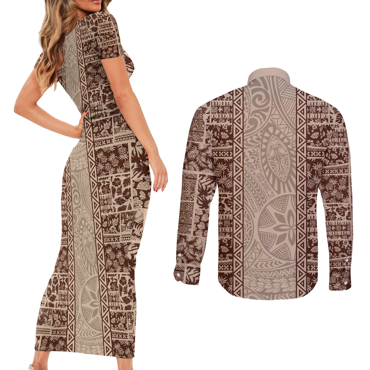 Hawaii Style Hibiscus and Tribal Element Fabric Patchwork Couples Matching Short Sleeve Bodycon Dress and Long Sleeve Button Shirt Beige Version LT03 - Polynesian Pride