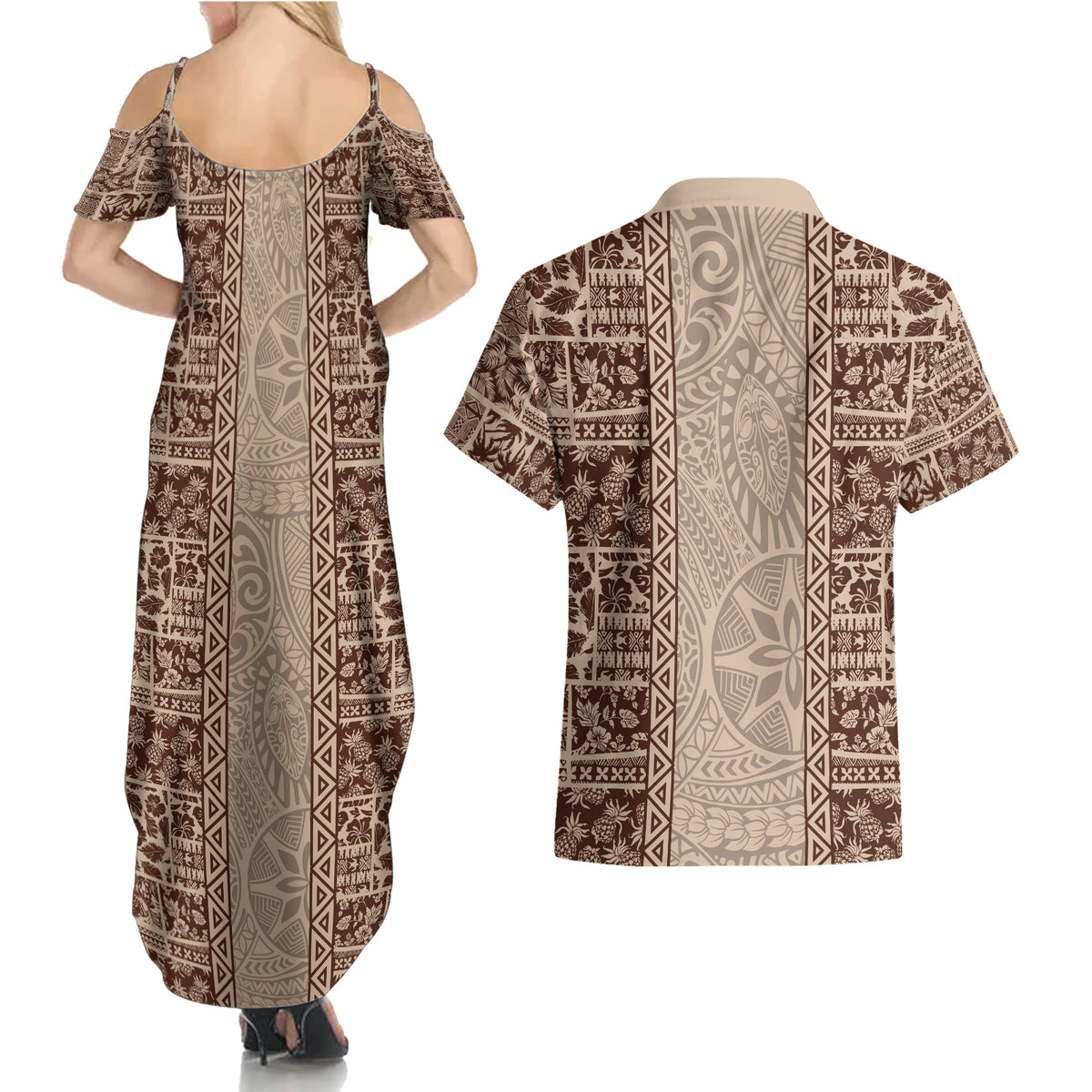 Hawaii Style Hibiscus and Tribal Element Fabric Patchwork Couples Matching Summer Maxi Dress and Hawaiian Shirt Beige Version LT03 - Polynesian Pride