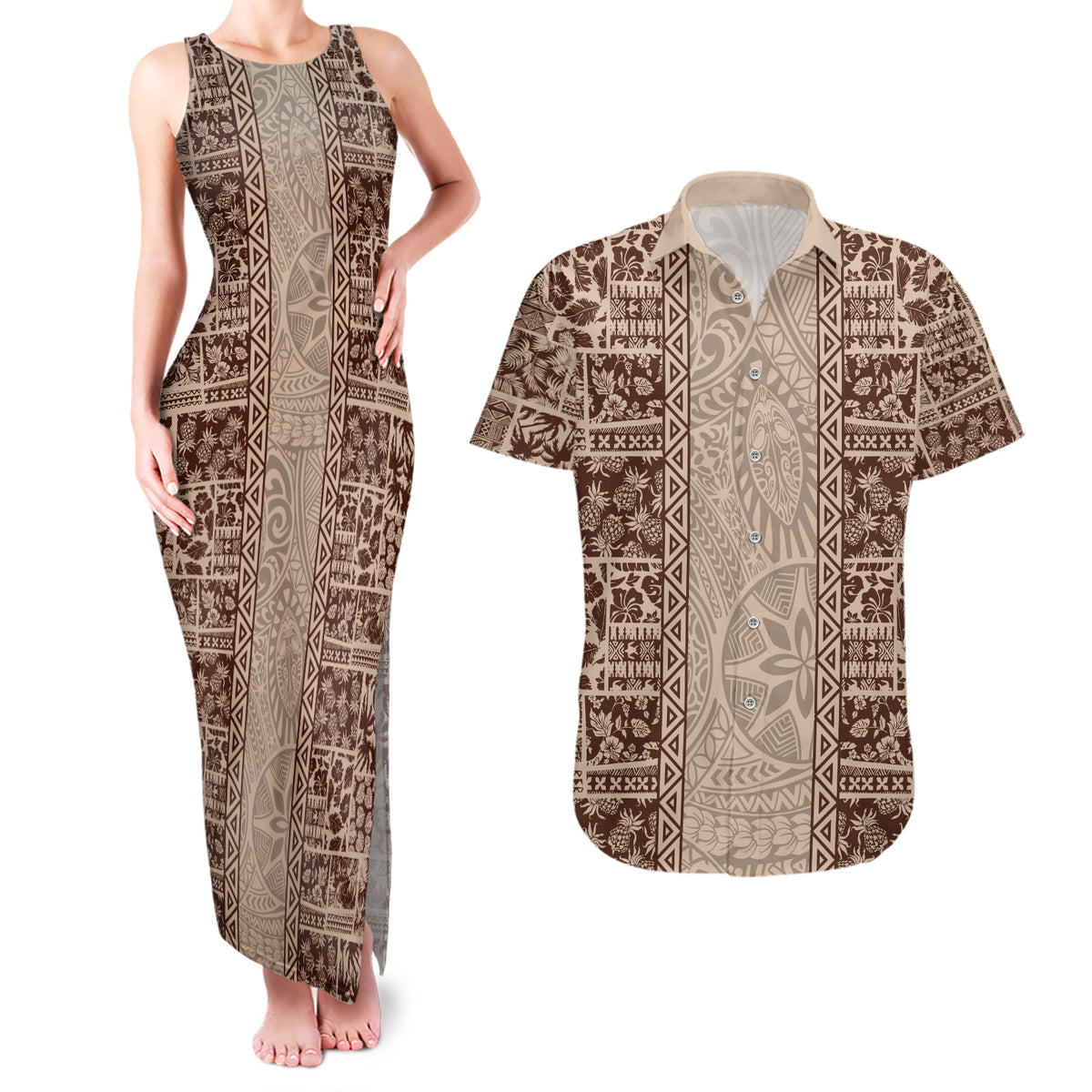 Hawaii Style Hibiscus and Tribal Element Fabric Patchwork Couples Matching Tank Maxi Dress and Hawaiian Shirt Beige Version LT03 Beige - Polynesian Pride