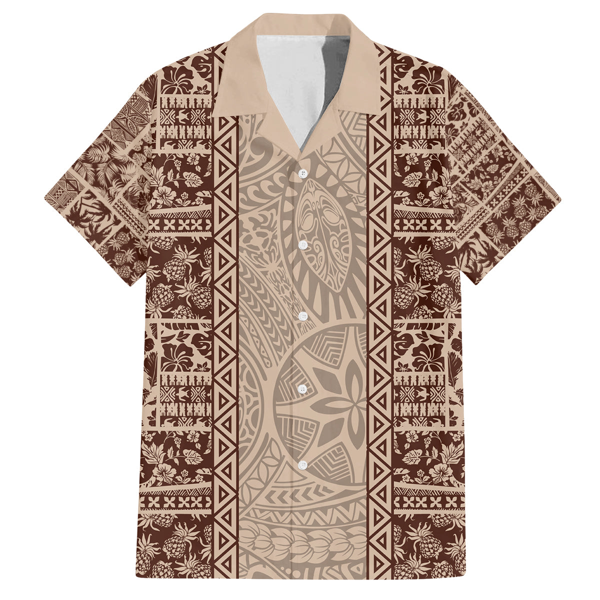 Hawaii Style Hibiscus and Tribal Element Fabric Patchwork Family Matching Long Sleeve Bodycon Dress and Hawaiian Shirt Beige Version LT03 Dad's Shirt - Short Sleeve Beige - Polynesian Pride