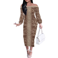 Hawaii Style Hibiscus and Tribal Element Fabric Patchwork Family Matching Off Shoulder Long Sleeve Dress and Hawaiian Shirt Beige Version LT03 Mom's Dress Beige - Polynesian Pride