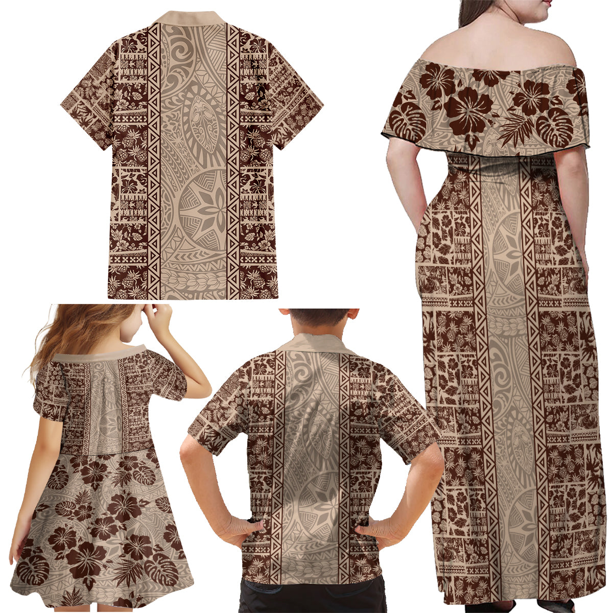 Hawaii Style Hibiscus and Tribal Element Fabric Patchwork Family Matching Off Shoulder Maxi Dress and Hawaiian Shirt Beige Version LT03 - Polynesian Pride