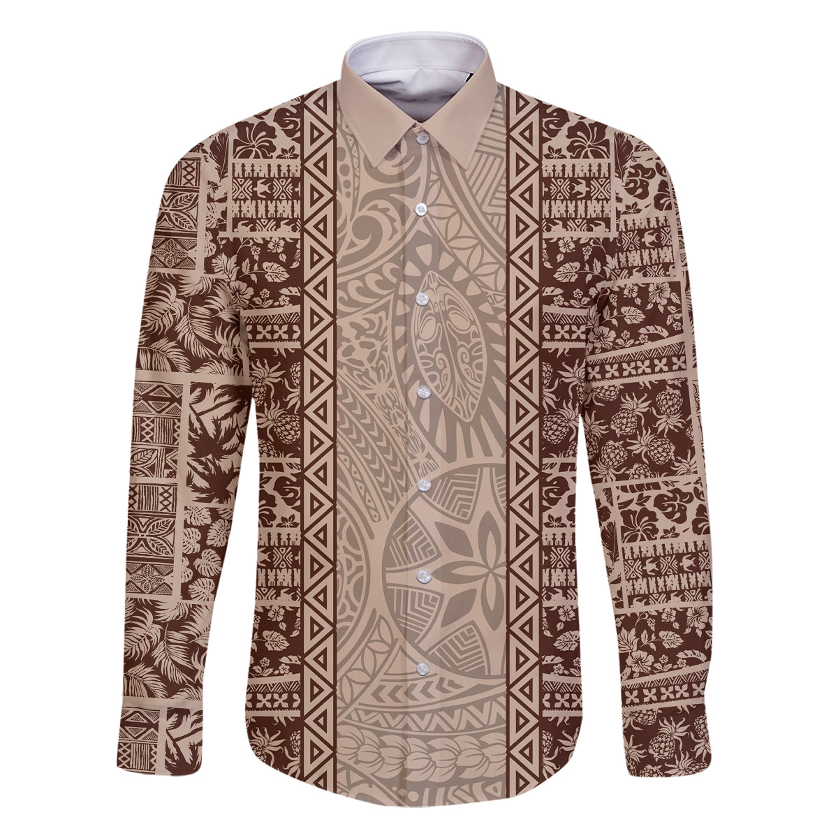 Hawaii Style Hibiscus and Tribal Element Fabric Patchwork Family Matching Off Shoulder Maxi Dress and Hawaiian Shirt Beige Version LT03 Dad's Shirt - Long Sleeve Beige - Polynesian Pride