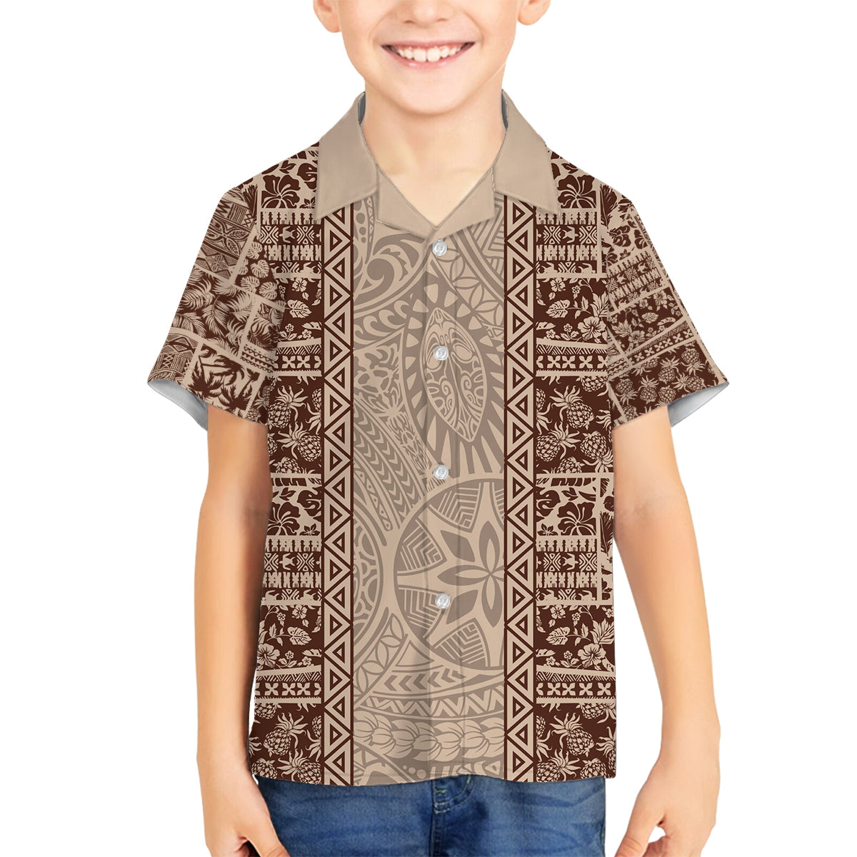 Hawaii Style Hibiscus and Tribal Element Fabric Patchwork Family Matching Off Shoulder Maxi Dress and Hawaiian Shirt Beige Version LT03 Son's Shirt Beige - Polynesian Pride