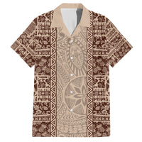Hawaii Style Hibiscus and Tribal Element Fabric Patchwork Family Matching Off Shoulder Short Dress and Hawaiian Shirt Beige Version LT03 Dad's Shirt - Short Sleeve Beige - Polynesian Pride