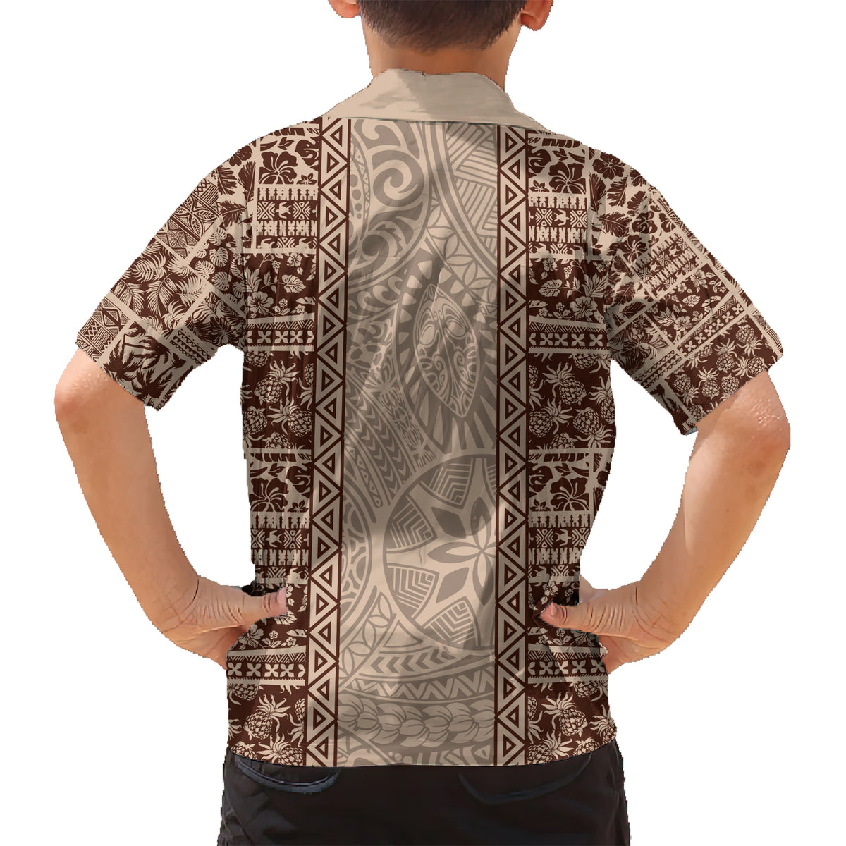 Hawaii Style Hibiscus and Tribal Element Fabric Patchwork Family Matching Short Sleeve Bodycon Dress and Hawaiian Shirt Beige Version LT03 - Polynesian Pride