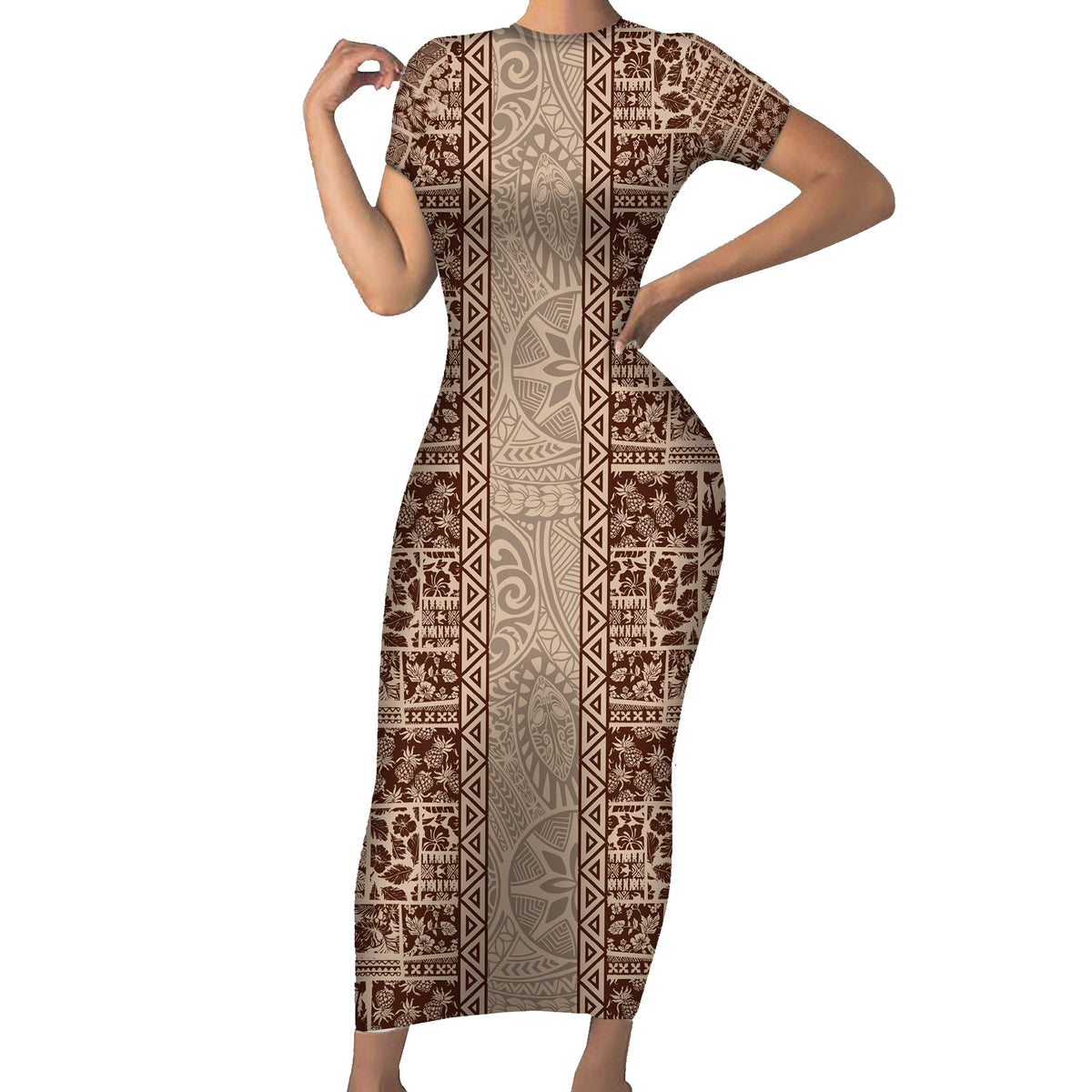 Hawaii Style Hibiscus and Tribal Element Fabric Patchwork Family Matching Short Sleeve Bodycon Dress and Hawaiian Shirt Beige Version LT03 Mom's Dress Beige - Polynesian Pride